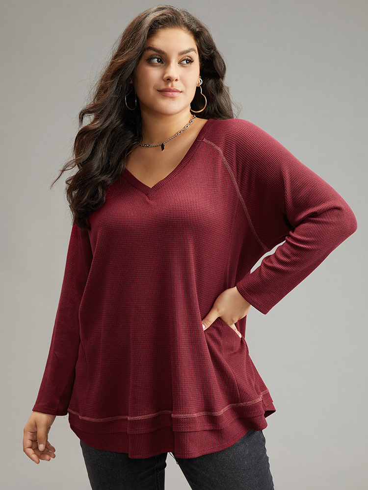 

Plus Size Plain Textured Stitch Raglan Sleeve Sweatshirt Women Burgundy Casual Plain V-neck Everyday Sweatshirts BloomChic