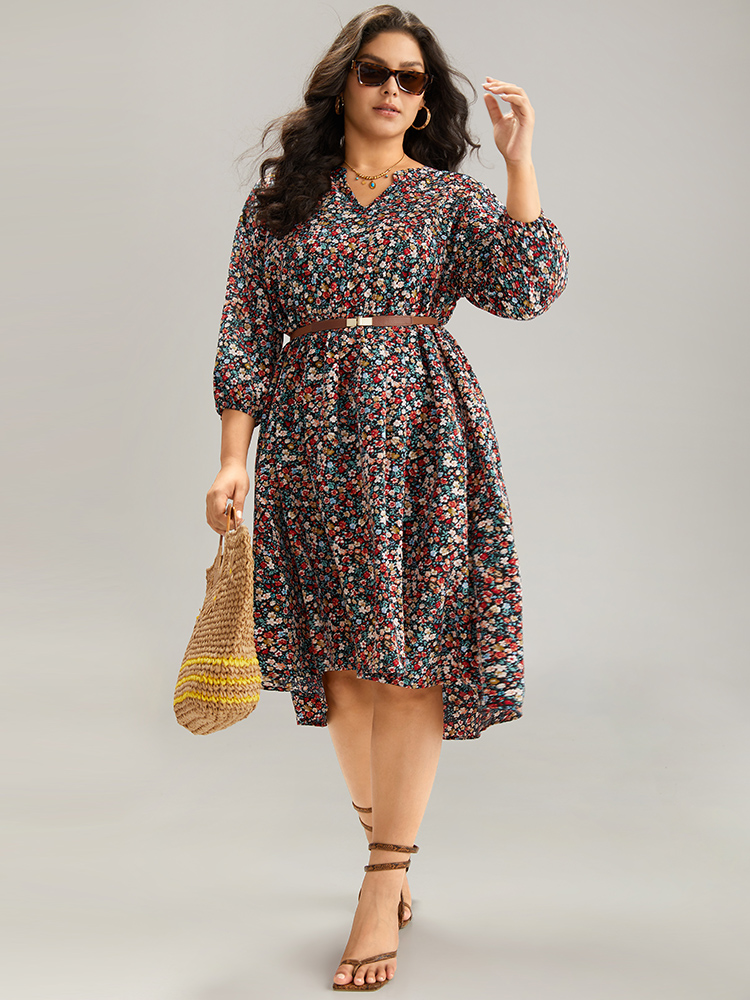 

Plus Size Ditsy Floral Pocket Lantern Sleeve Ruffle Hem Dress Multicolor Women Vacation Elastic cuffs Notched collar Elbow-length sleeve Curvy Midi Dress BloomChic