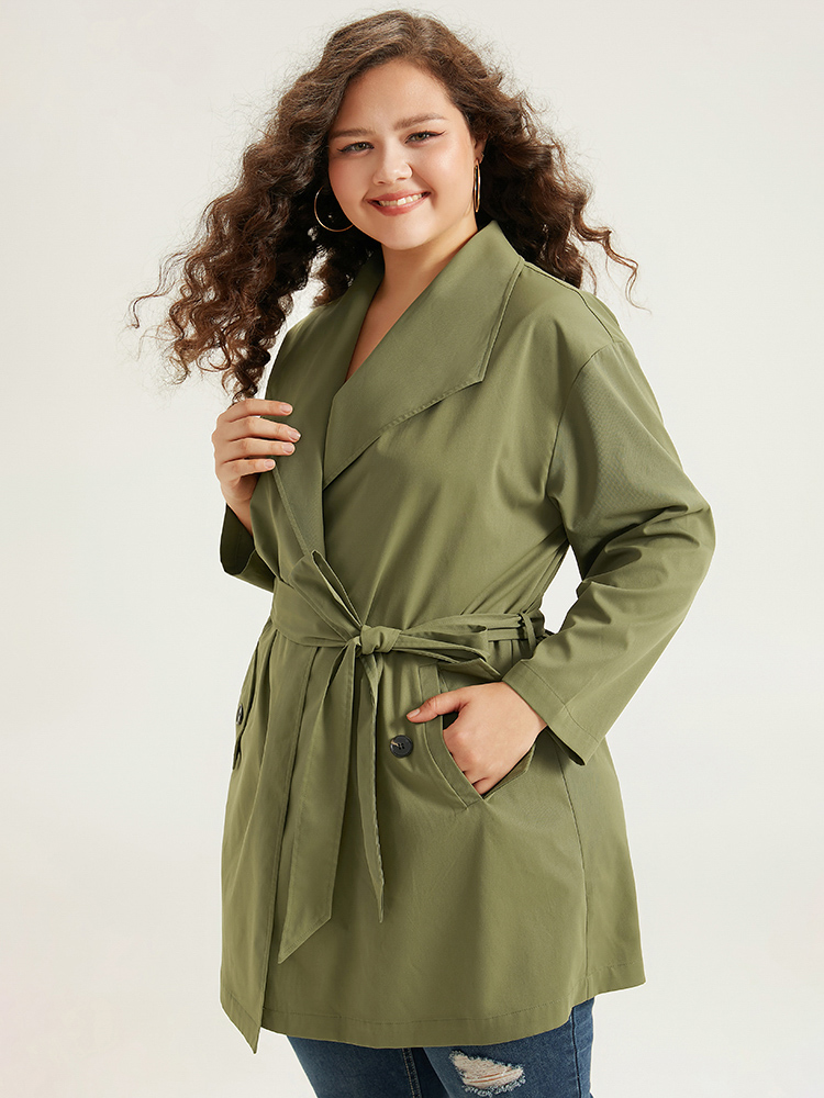 

Plus Size Lapel Collar Belted Slant Pocket Coat Women Sage Casual Plain Ladies Everyday Winter Coats BloomChic