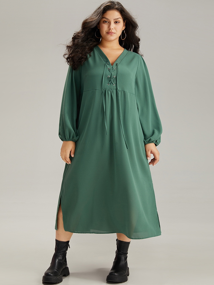 

Plus Size Plain Lace Up Split Hem Lantern Sleeve Dress Mint Women Casual Elastic cuffs Tie Neck Long Sleeve Curvy Midi Dress BloomChic