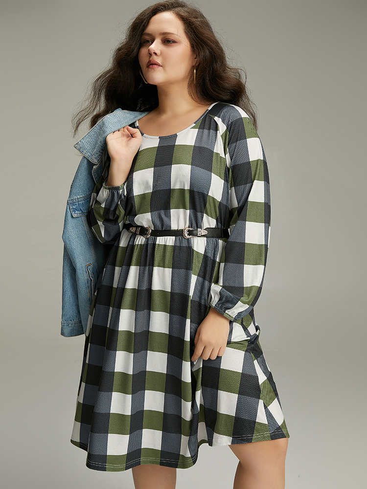 Plus Size Plaid Lantern Sleeve Ruffle Hem Dress DimGray Women Casual Elastic cuffs Scoop Neck Long Sleeve Curvy Midi Dress BloomChic 28/5X 