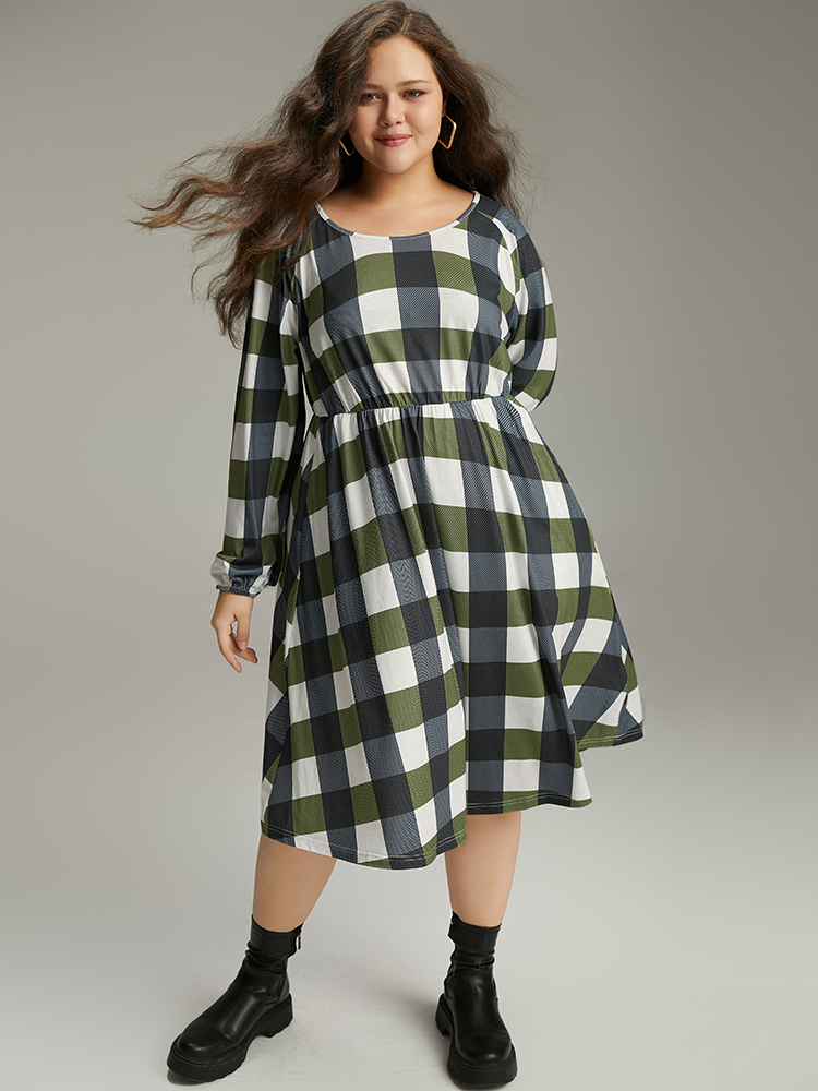 Plus Size Plaid Lantern Sleeve Ruffle Hem Dress DimGray Women Casual Elastic cuffs Scoop Neck Long Sleeve Curvy Midi Dress BloomChic 28/5X 