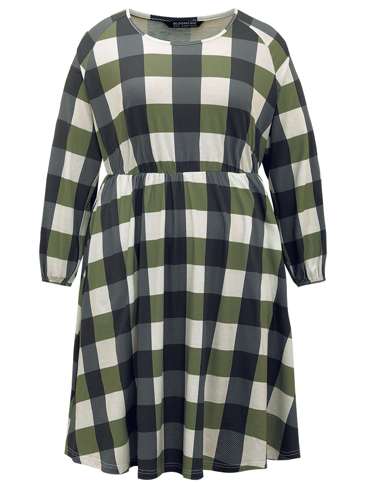 Plus Size Plaid Lantern Sleeve Ruffle Hem Dress DimGray Women Casual Elastic cuffs Scoop Neck Long Sleeve Curvy Midi Dress BloomChic 28/5X 