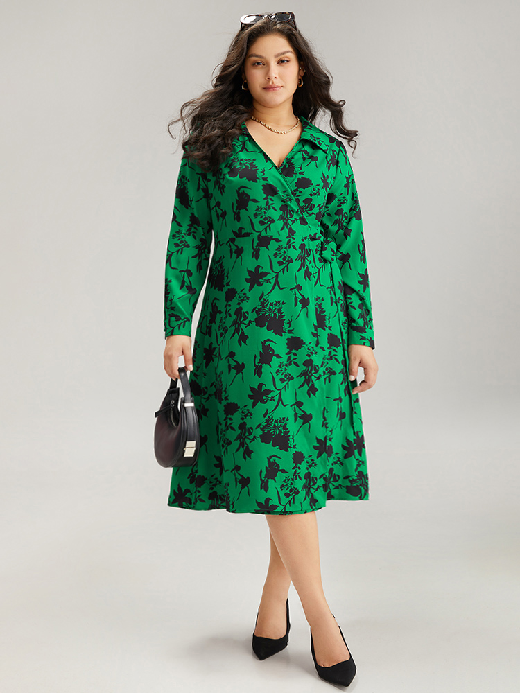 

Plus Size Silhouette Floral Print Bowknot Side Dress Green Women Elegant Cross straps V-neck Long Sleeve Curvy Midi Dress BloomChic