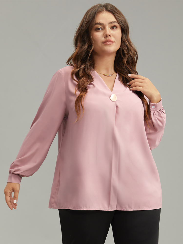 

Plus Size DustyPink Plain Buckle Detail Pleated Blouse Women Office Long Sleeve V-neck Work Blouses BloomChic