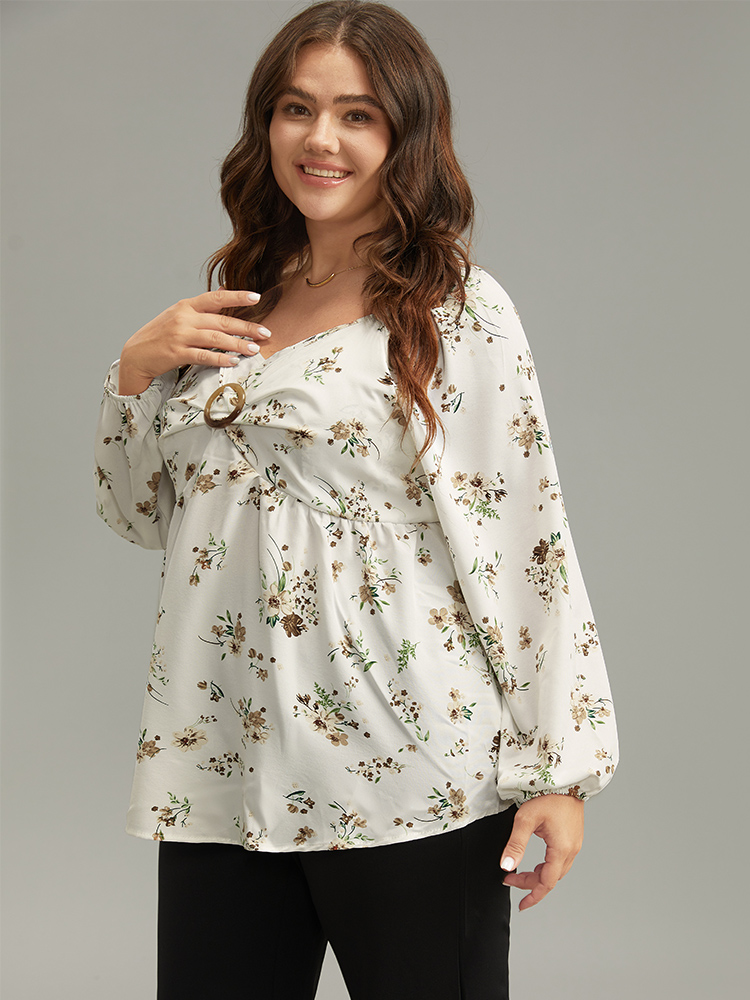 

Plus Size Ivory Floral Print Buckle Detail Gathered Bell Sleeve Blouse Women Elegant Long Sleeve V-neck Dailywear Blouses BloomChic