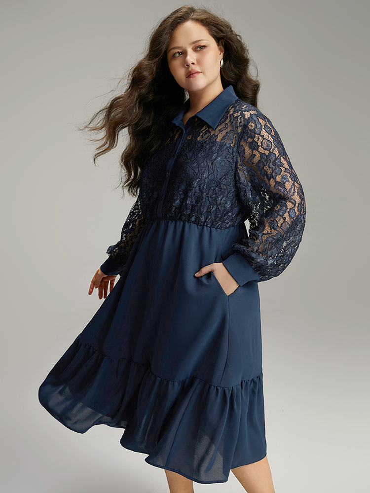 Plus Size Women Work Plain Plain Regular Sleeve Long Sleeve Shirt collar Pocket Office Dresses BloomChic 