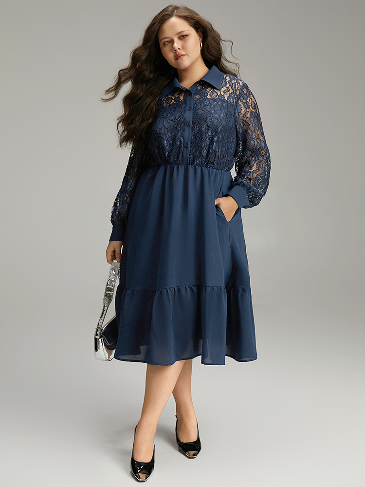 Plus Size Women Work Plain Plain Regular Sleeve Long Sleeve Shirt collar Pocket Office Dresses BloomChic 