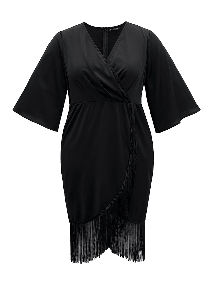 Plus Size Plain Wrap Tassel Trim Pleated Dress Black Women Cocktail Tassels V-neck Elbow-length sleeve Curvy Midi Dress BloomChic 14-16/1X 