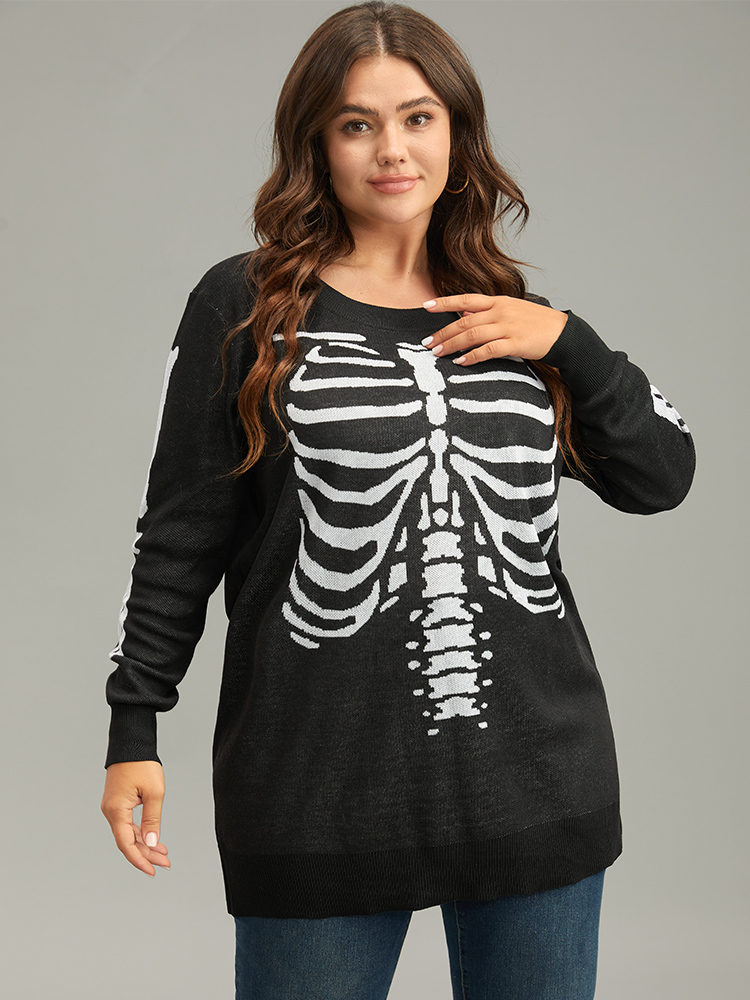 

Plus Size Halloween Skull Print Elastic Cuffs Pullover Black Women Casual Loose Long Sleeve V-neck Festival-Halloween Pullovers BloomChic