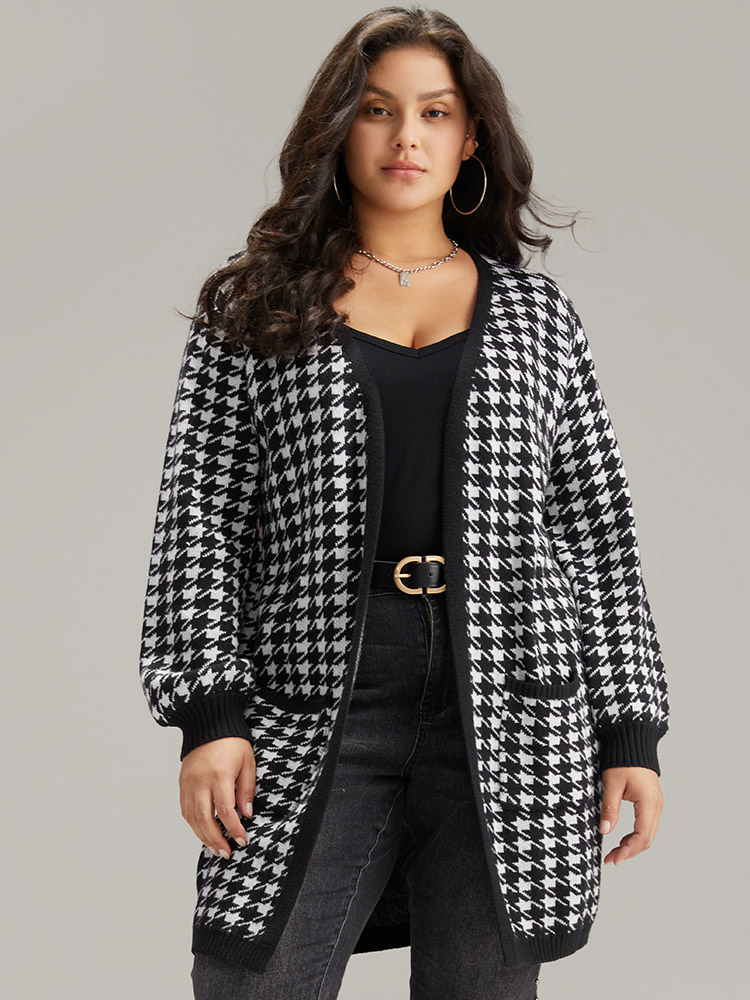 

Plus Size Supersoft Essentials Houndstooth Pocket Elastic Cuffs Cardigan Black Women Casual Loose Long Sleeve Dailywear Cardigans BloomChic