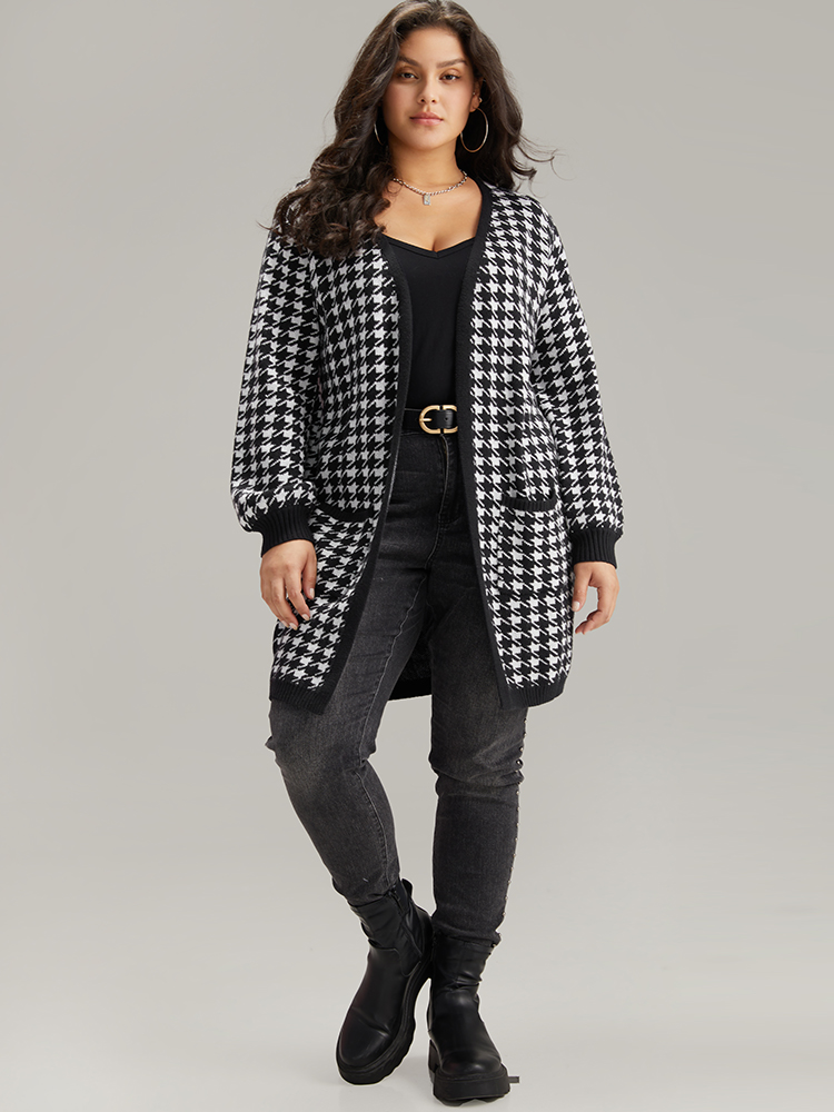 

Plus Size Supersoft Essentials Houndstooth Pocket Elastic Cuffs Cardigan Black Women Casual Loose Long Sleeve Dailywear Cardigans BloomChic