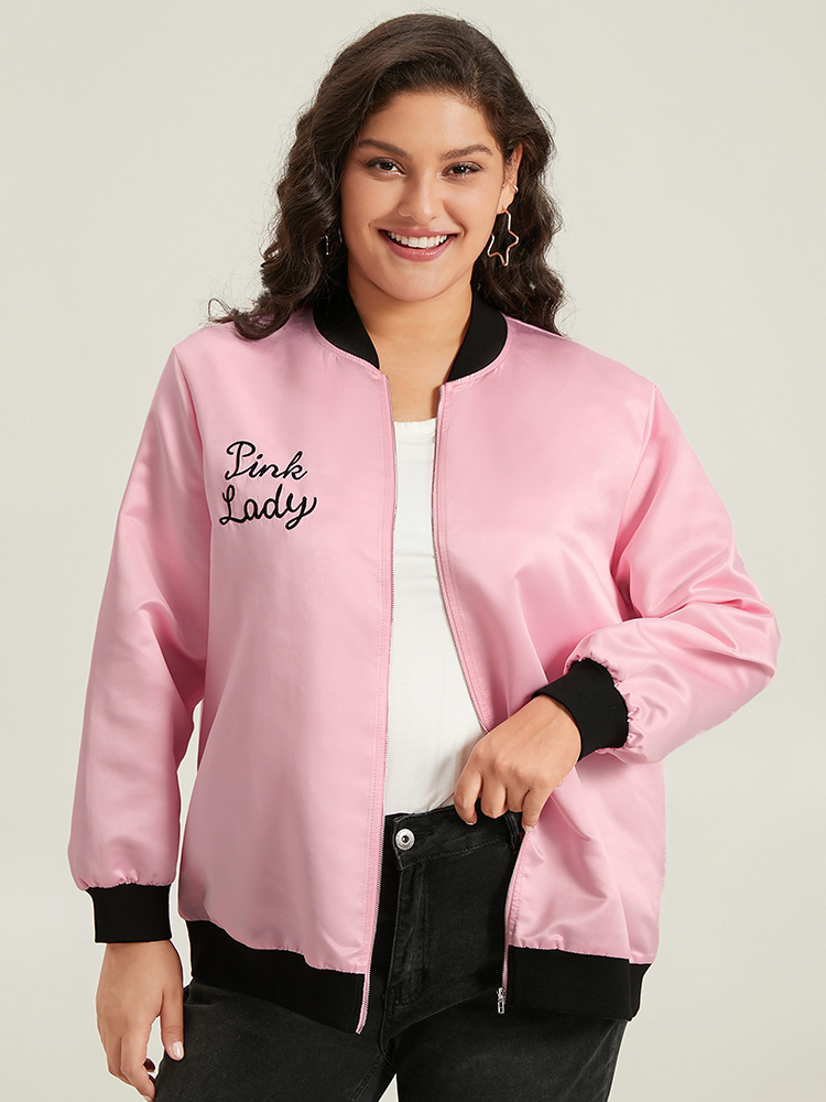 

Plus Size Halloween Embroidered Contrast Patchwork Zipper Bomber Jacket Women Pink Elastic cuffs Everyday Jackets BloomChic