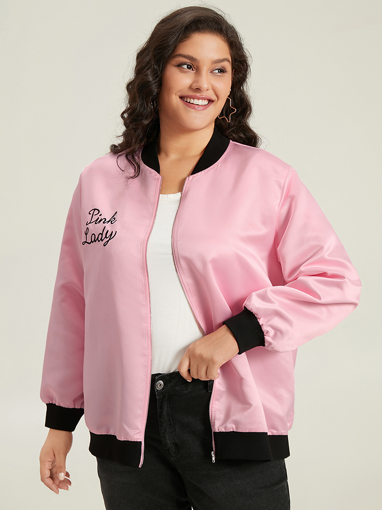 

Plus Size Halloween Embroidered Contrast Patchwork Zipper Bomber Jacket Women Pink Elastic cuffs Everyday Jackets BloomChic