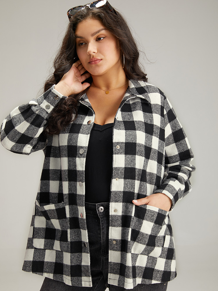 Plus Size Halloween Plaid Pocket Button Through Coat Women Black Casual Contrast Ladies Dailywear Winter Coats BloomChic 12/L 