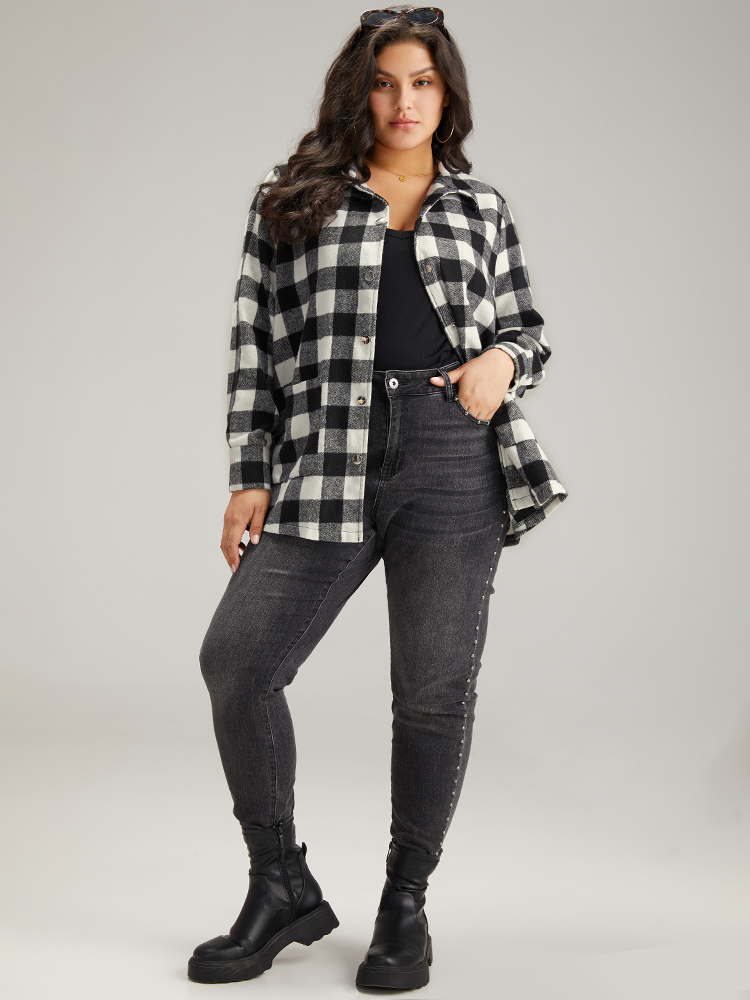 Plus Size Halloween Plaid Pocket Button Through Coat Women Black Casual Contrast Ladies Dailywear Winter Coats BloomChic 12/L 