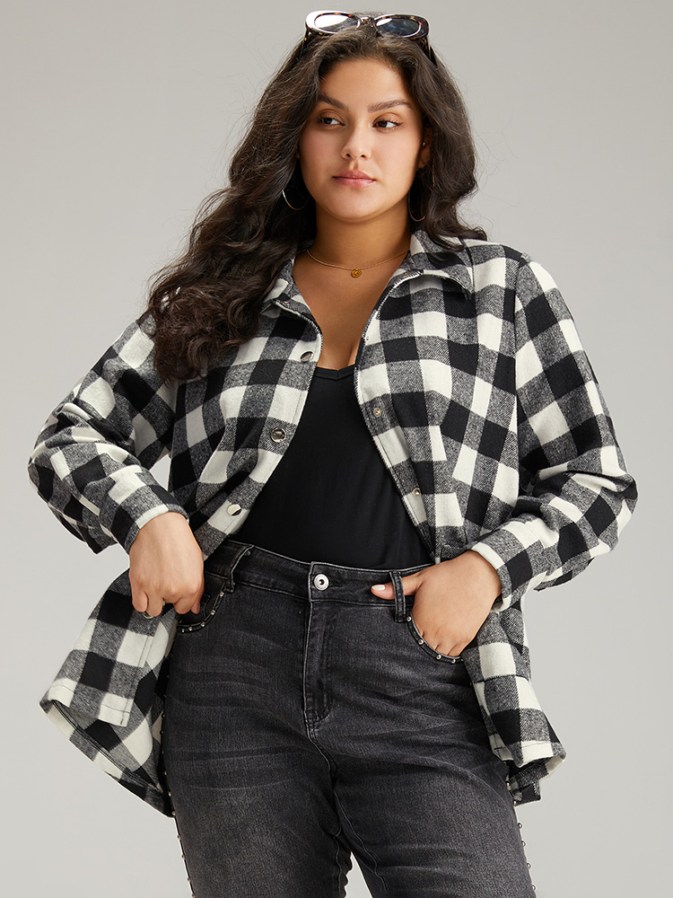 Plus Size Halloween Plaid Pocket Button Through Coat Women Black Casual Contrast Ladies Dailywear Winter Coats BloomChic 12/L 