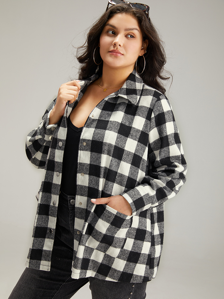 Plus Size Halloween Plaid Pocket Button Through Coat Women Black Casual Contrast Ladies Dailywear Winter Coats BloomChic 12/L 