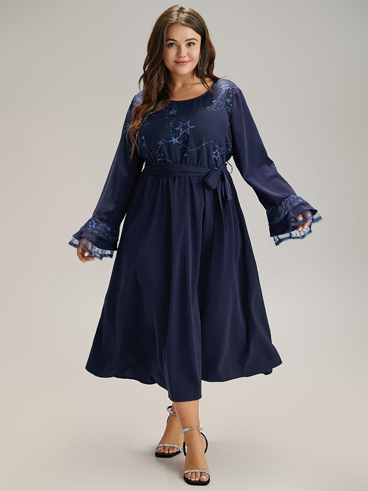 

Plus Size Star Sequin Mesh Layered Sleeve Dress DarkBlue Women Party Belted Round Neck Long Sleeve Curvy Midi Dress BloomChic