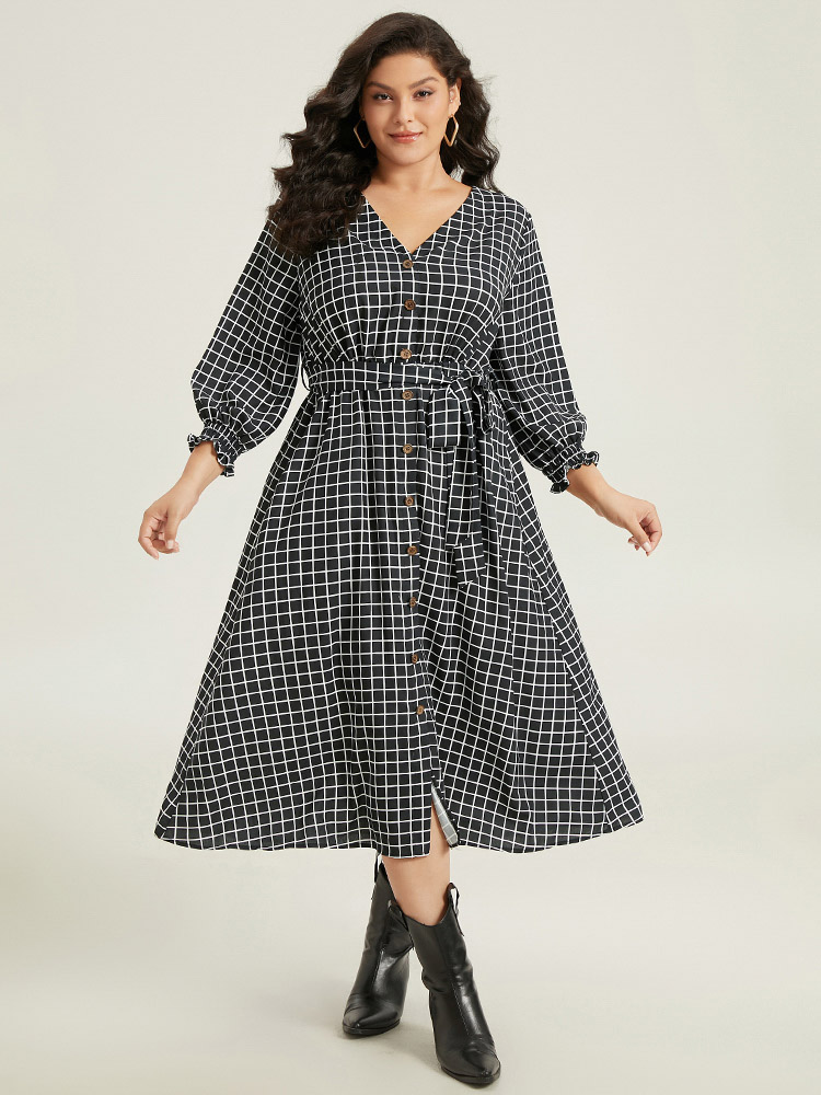 

Plus Size Gingham Button Detail Pocket Lantern Sleeve Dress Black Women At the Office Belted V-neck Long Sleeve Curvy Midi Dress BloomChic