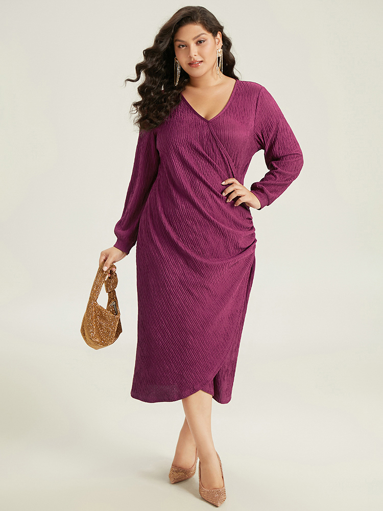 

Plus Size Plain Rib Knit V Neck Wrap Pleated Dress Purple Women Party Texture V-neck Long Sleeve Curvy Midi Dress BloomChic