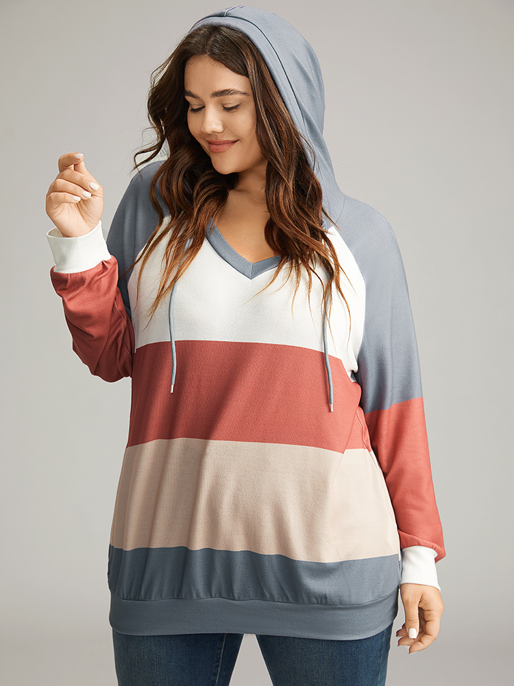 Plus Size Colorblock Contrast Hooded Drawstring Sweatshirt Women Multicolor Casual Contrast Hooded Dailywear Sweatshirts BloomChic 12/L 