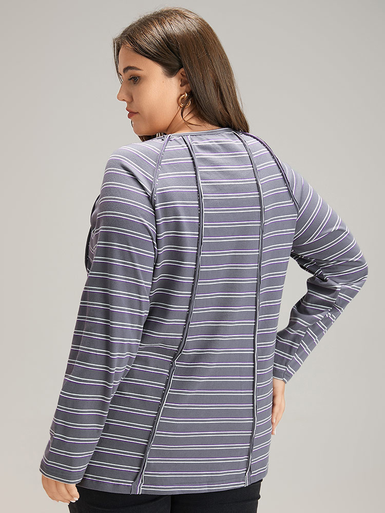 Plus Size Women Dailywear Striped Contrast Raglan sleeve Long Sleeve V-neck Casual T-shirts BloomChic 