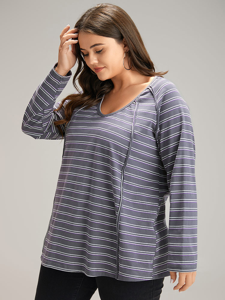 Plus Size Women Dailywear Striped Contrast Raglan sleeve Long Sleeve V-neck Casual T-shirts BloomChic 