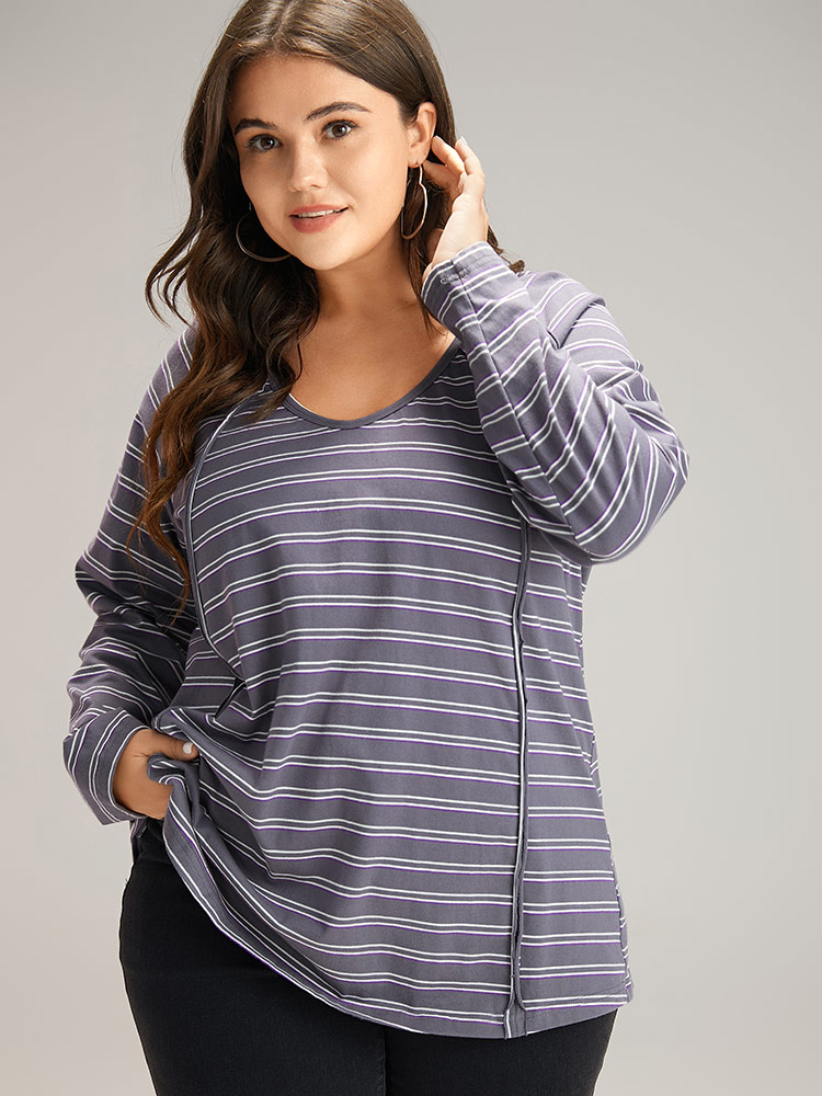 Plus Size Women Dailywear Striped Contrast Raglan sleeve Long Sleeve V-neck Casual T-shirts BloomChic 