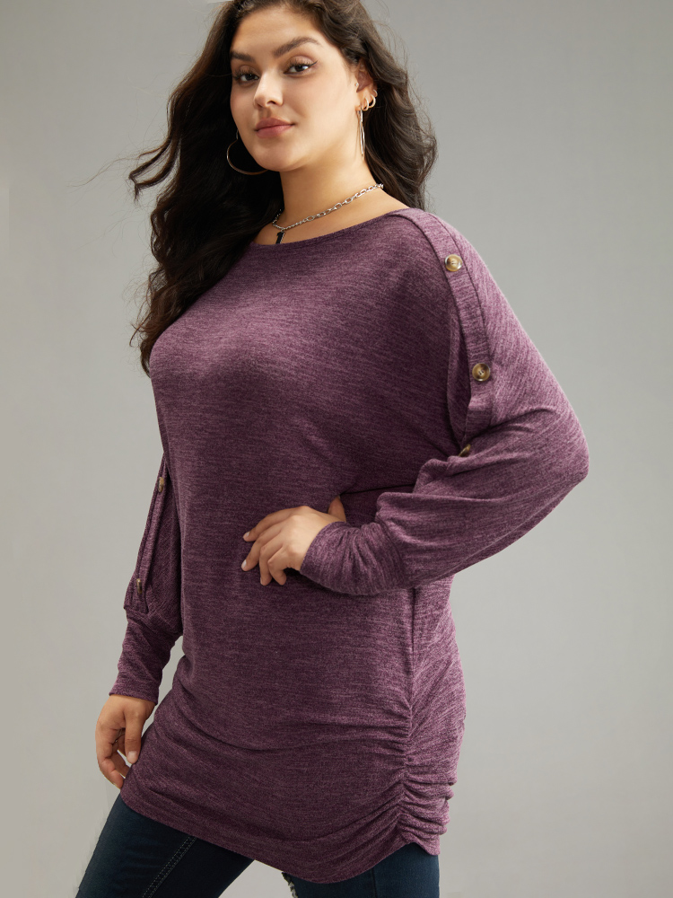 

Plus Size Plain Button Detail Ruched Hem T-shirt Purple Round Neck Long Sleeve Casual Jersey Tops