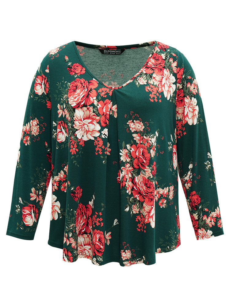 

Floral Print Plicated Detail Flutter T-shirt, Green