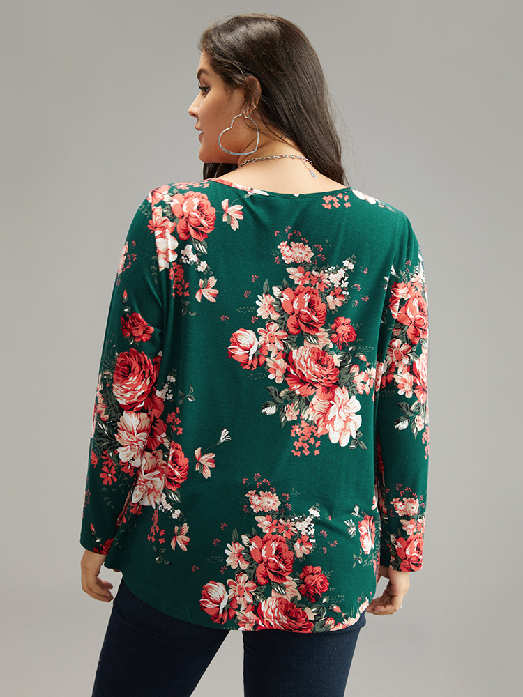 

Plus Size Floral Print Plicated Detail Flutter T-shirt Green V-neck Long Sleeve Casual Jersey Tops