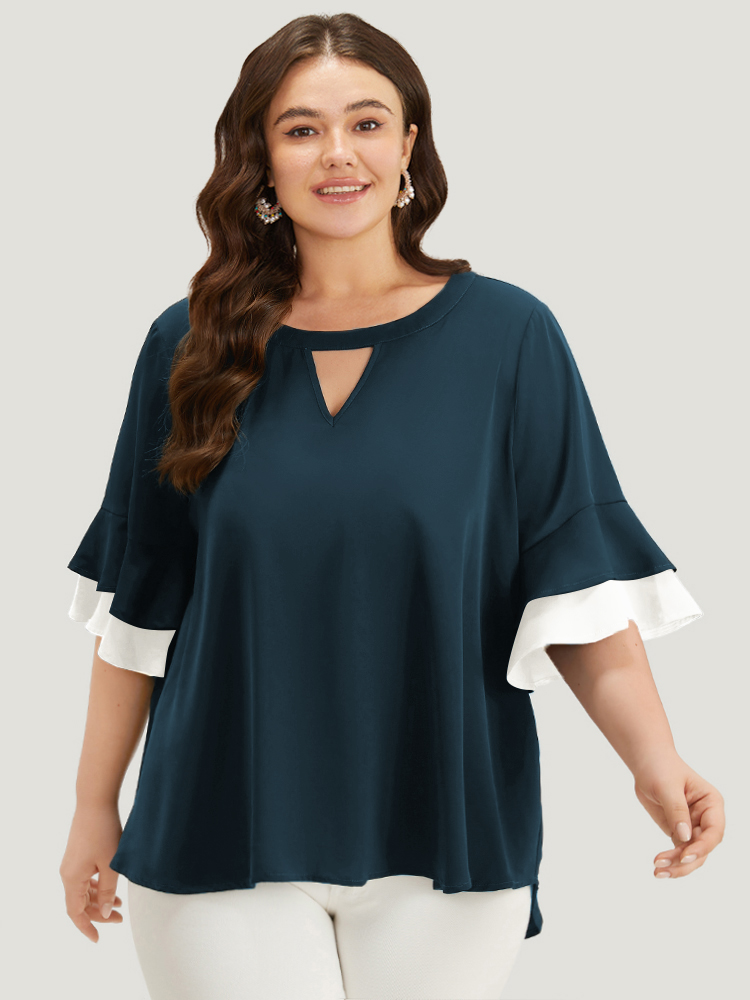 

Plus Size Cyan Anti-Wrinkle Plain Keyhole Ruffle Layered Sleeve Blouse Women Office Half Sleeve Round Neck Work Blouses BloomChic