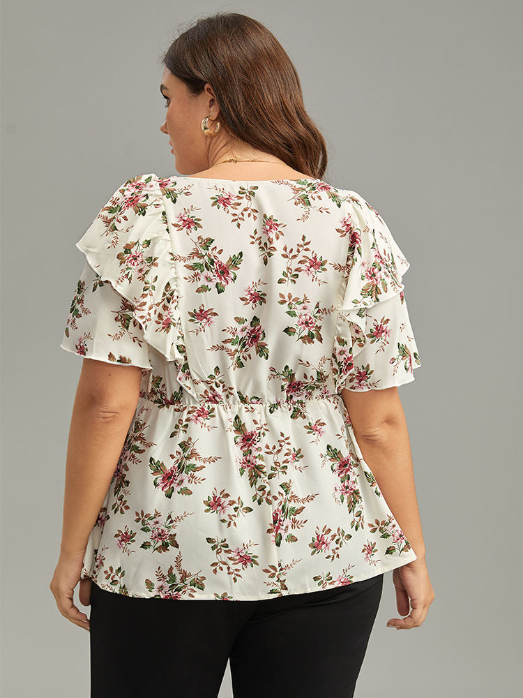 

Plus Size White Floral Print Ruffle Trim Gathered Blouse Women Elegant Short sleeve Round Neck Dailywear Blouses BloomChic