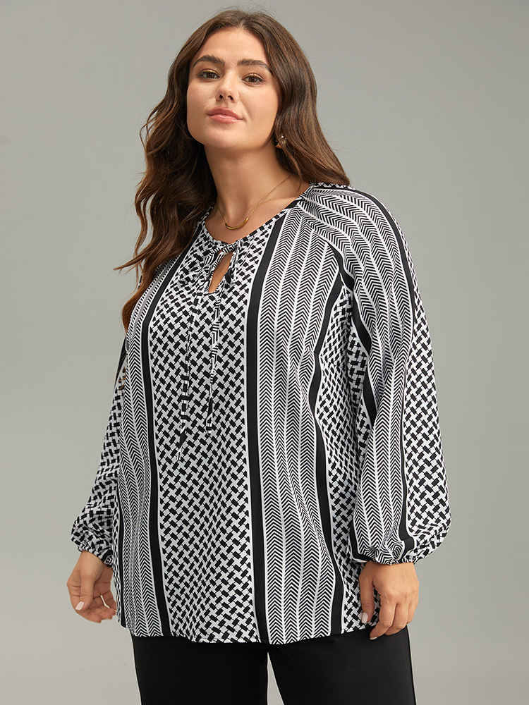 

Plus Size Black Geo Striped Tie Lantern Sleeve Blouse Women Resort Long Sleeve Tie Neck Vacation Blouses BloomChic