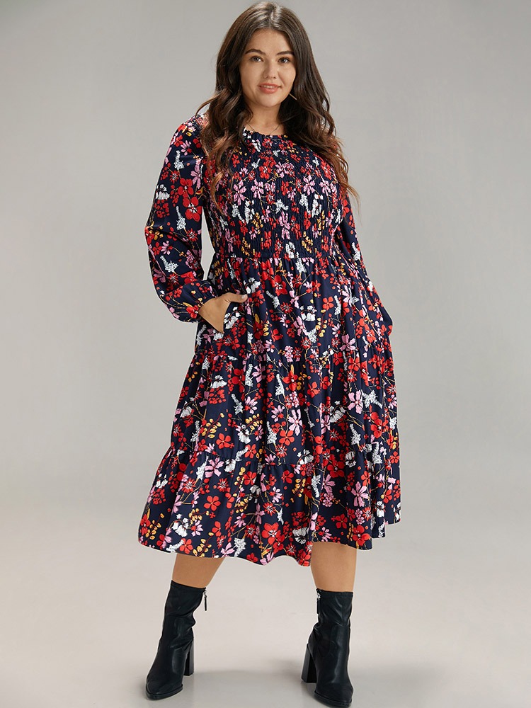 

Plus Size Floral Print Keyhole Shirred Dress DarkBlue Women Elegant Elastic cuffs Mock Neck Long Sleeve Curvy Midi Dress BloomChic