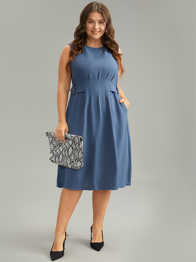 Plus Size Women Work Plain Pleated Sleeveless Sleeveless Round Neck Pocket Office Dresses BloomChic 