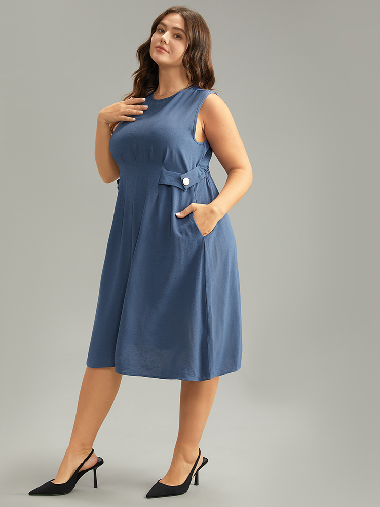 Plus Size Women Work Plain Pleated Sleeveless Sleeveless Round Neck Pocket Office Dresses BloomChic 