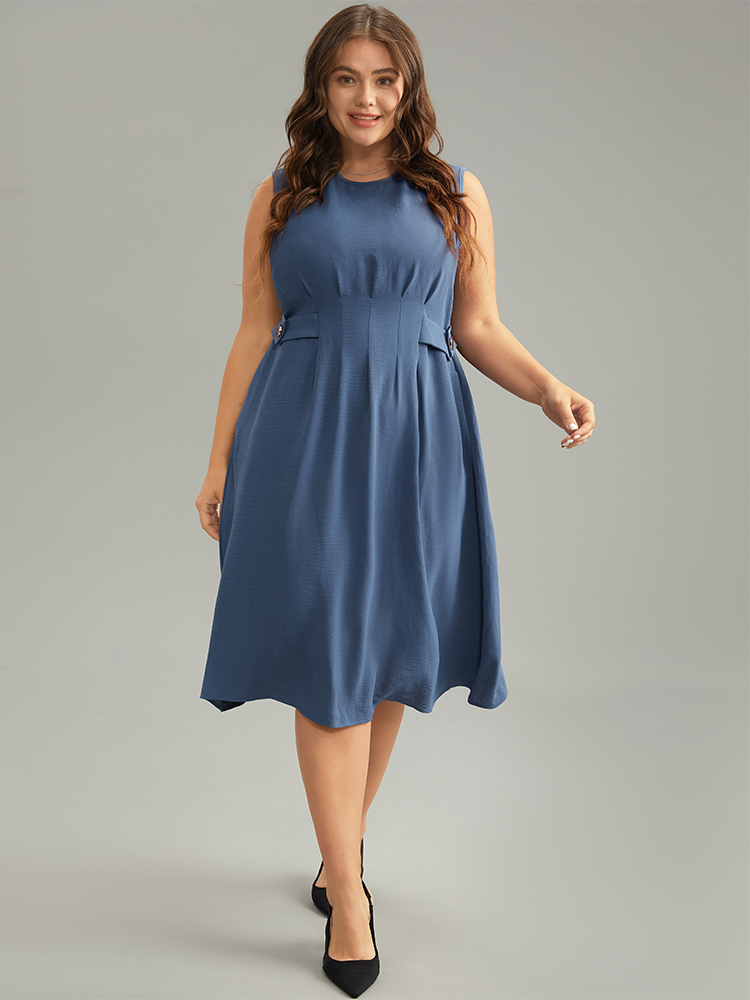 Plus Size Women Work Plain Pleated Sleeveless Sleeveless Round Neck Pocket Office Dresses BloomChic 