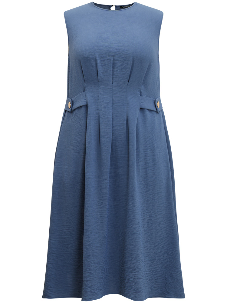 Plus Size Women Work Plain Pleated Sleeveless Sleeveless Round Neck Pocket Office Dresses BloomChic 