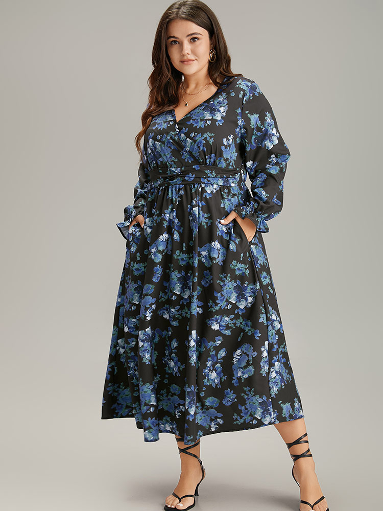 

Plus Size Silhouette Floral Print Wrap Pocket Dress Black Women Elegant Gathered V-neck Long Sleeve Curvy Midi Dress BloomChic