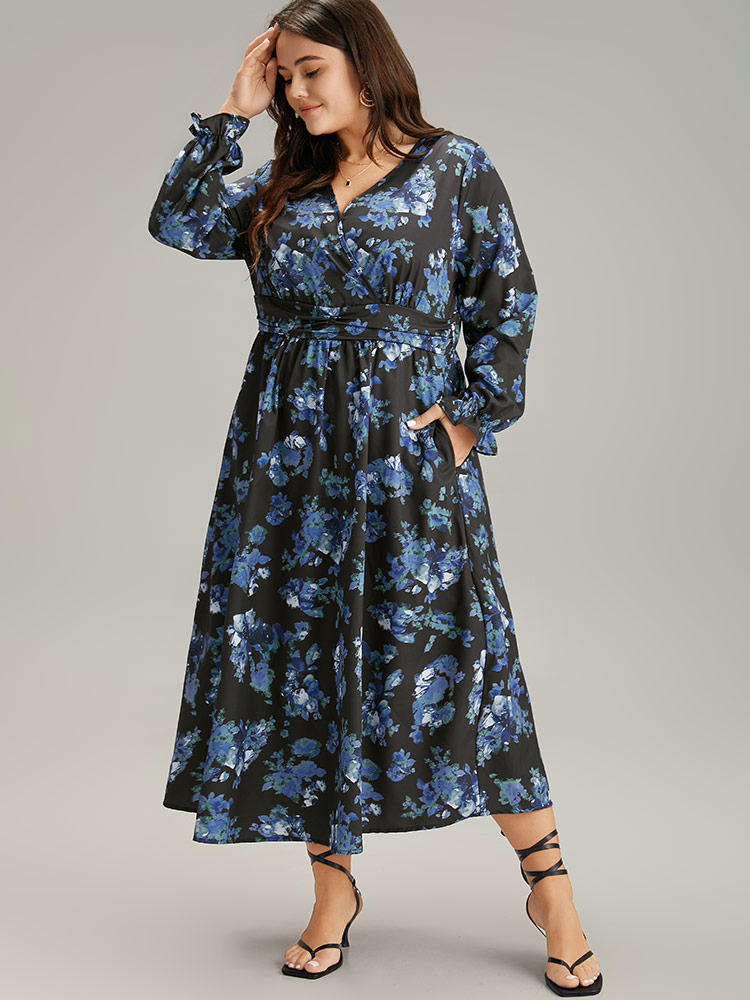 

Plus Size Silhouette Floral Print Wrap Pocket Dress Black Women Elegant Gathered V-neck Long Sleeve Curvy Midi Dress BloomChic