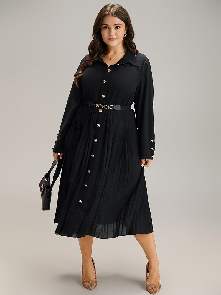 

Plus Size Solid Shirt Collar Pleated Metal Detail Dress Black Women Office Plain Shirt collar Long Sleeve Curvy Midi Dress BloomChic