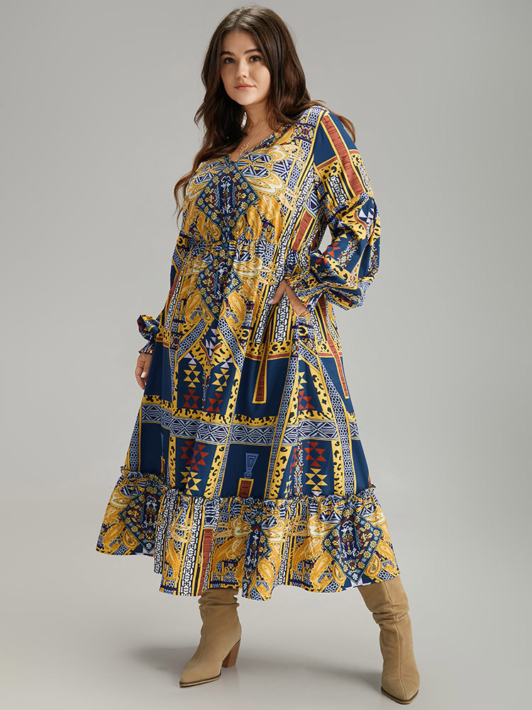 

Plus Size Boho Print Shirred Pocket Ruffle Hem Dress DarkBlue Women Vacation Printed V-neck Long Sleeve Curvy Midi Dress BloomChic