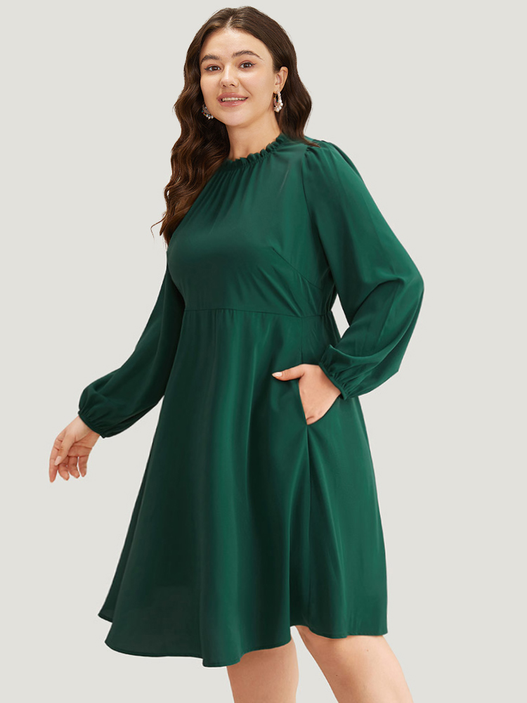 

Plus Size Anti-Wrinkle Frill Trim Elastic Cuffs Dress DarkGreen Women Office Elastic cuffs Mock Neck Long Sleeve Curvy Midi Dress BloomChic