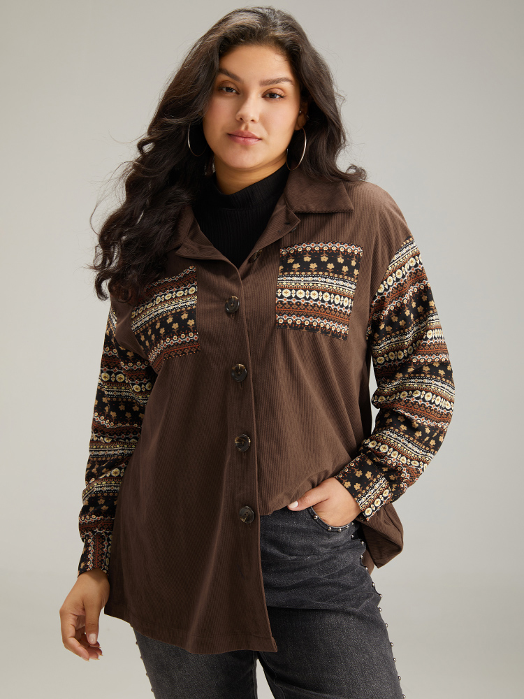 

Plus Size Bandana Print Patchwork Button Through Jacket Women DarkBrown Contrast Pocket Dailywear Jackets BloomChic