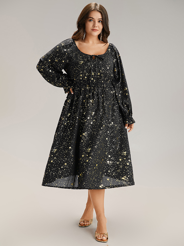 

Plus Size Glitter Star Knot Neck Pocket Lantern Sleeve Dress Black Women Party Elastic cuffs Tie Neck Long Sleeve Curvy Midi Dress BloomChic