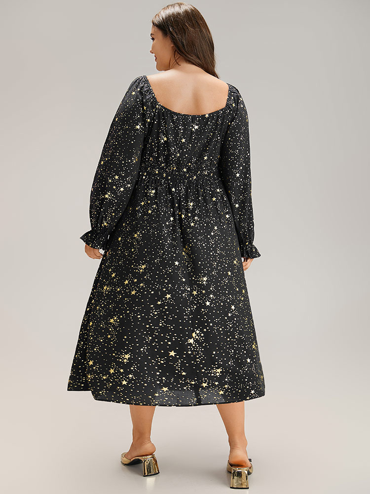 Plus Size Women Going out Star and moon Cross straps Lantern Sleeve Long Sleeve Tie Neck Pocket Party Dresses BloomChic 