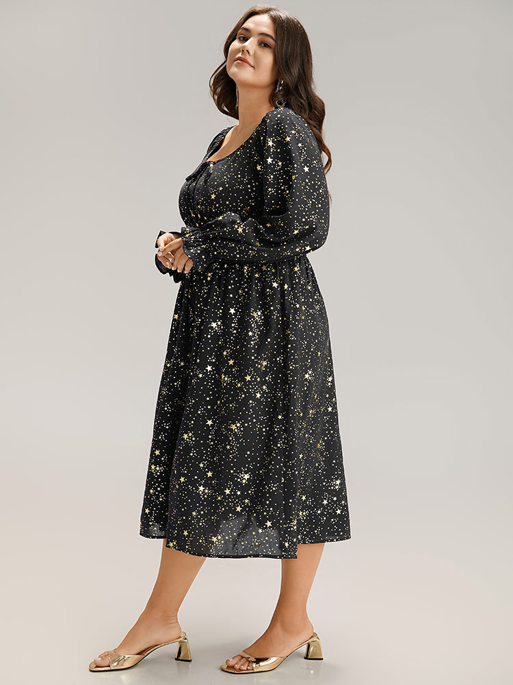 Plus Size Women Going out Star and moon Cross straps Lantern Sleeve Long Sleeve Tie Neck Pocket Party Dresses BloomChic 