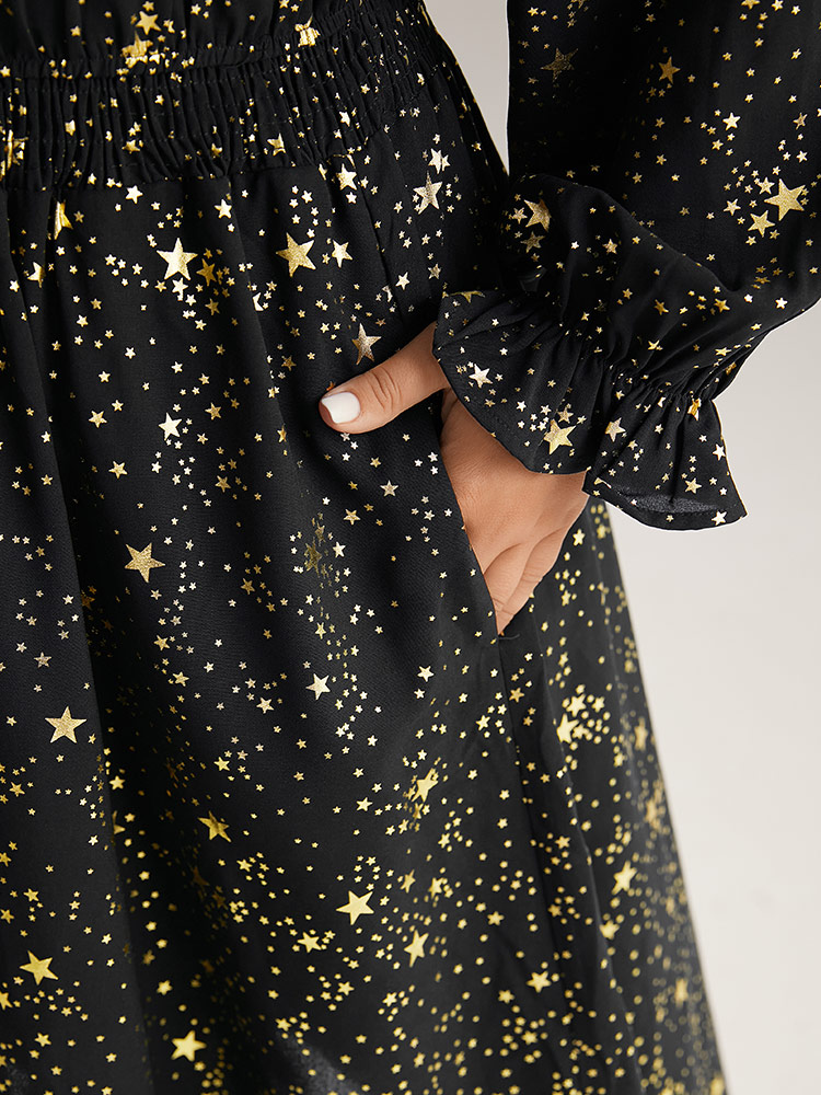 Plus Size Women Going out Star and moon Cross straps Lantern Sleeve Long Sleeve Tie Neck Pocket Party Dresses BloomChic 